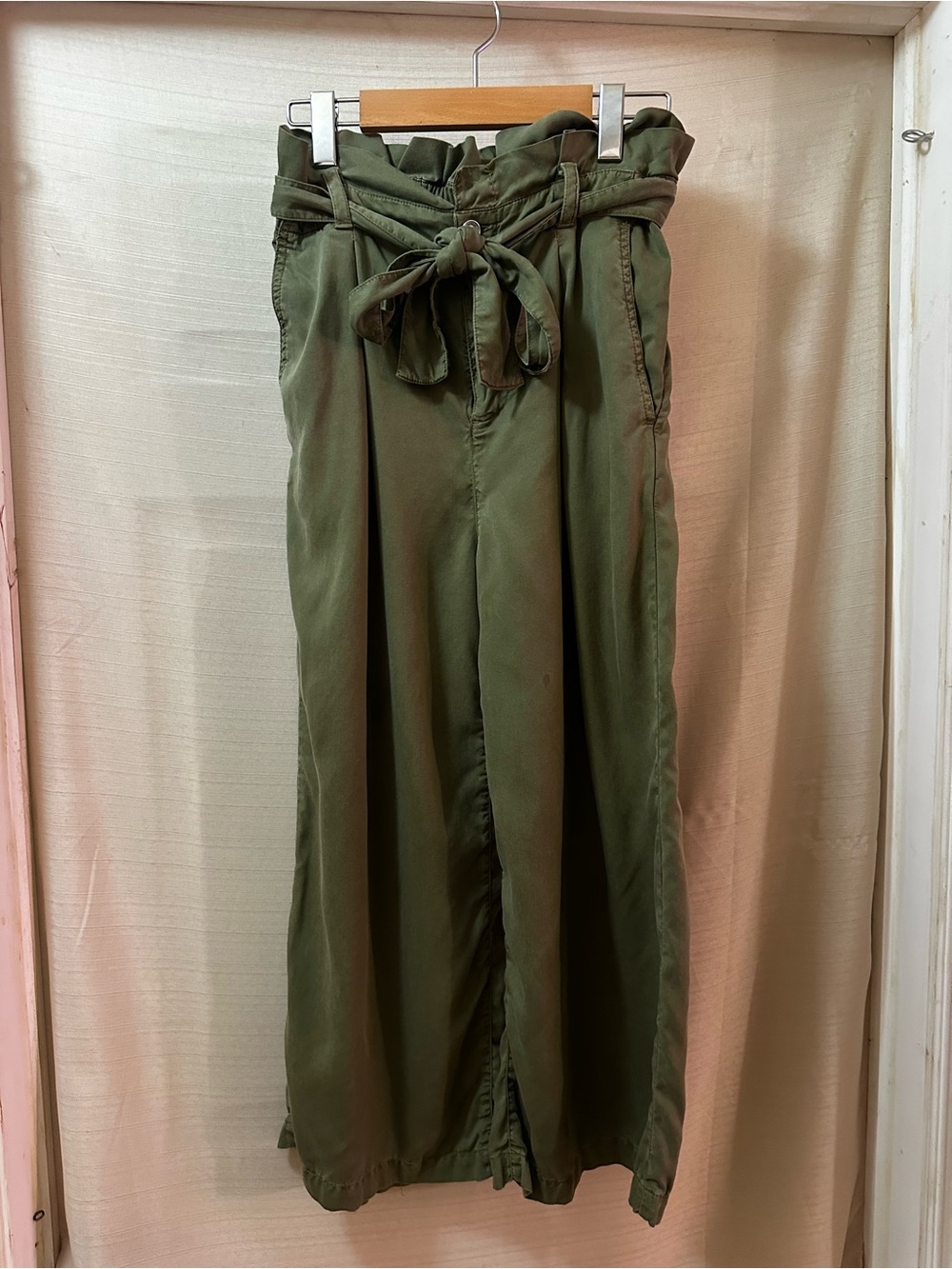 Zara Olive Green Paperbag Waist Wide Leg Pants Tie Belt High Rise Cropped